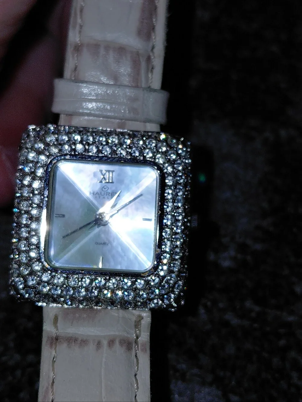 Haurex Italy Crystal Pavé Mother of Pearl Square Watch White Leather Y2K Glam CC